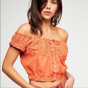 Free People Orange Eyelet Off The Shoulder Top